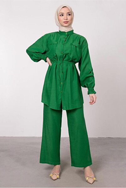 TRENDTESETTÜR KADIN YEŞİL CEP DETAYLI KETEN GÖRÜNÜMLÜ PANTOLONLU TAKIM T 9985