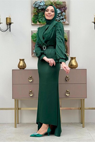 TRENDTESETTÜR فستان سهرة نسائي أخضر (ختم) بحزام ريش مفصل T 9683