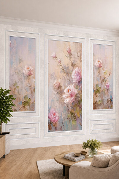 dreamwall Gül Desenli Yağlı Boya Tablo Efektli Duvar Çıtası Görünümlü Tekstil...