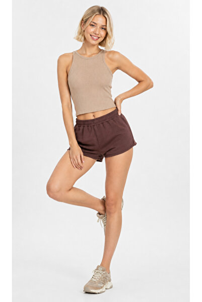 Kallisto Beige Ribbed Halter Collar Knitted Crop Tank Top