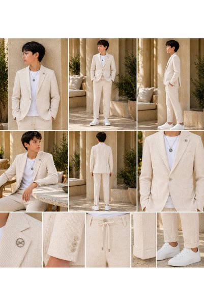 Atlas Kids Boys' Linen Premium Striped Suit Set / Wedding, Graduation, and Special Occasions (Set of 5)