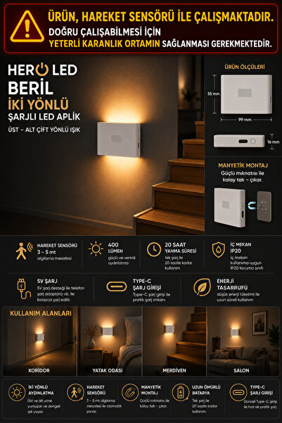 SeKaTech Sensörlü Led Aplik Mıknatıslı Şarjlı İki Yönlü Hero Led Beril Koridor Merdiven Aydınlatma