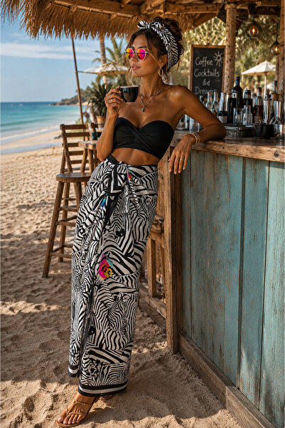 Bolder Lana- Gözlüklü Zebra Desen Pareo Iç Göstermeyen Parlak Kumaş-95cm*145cm