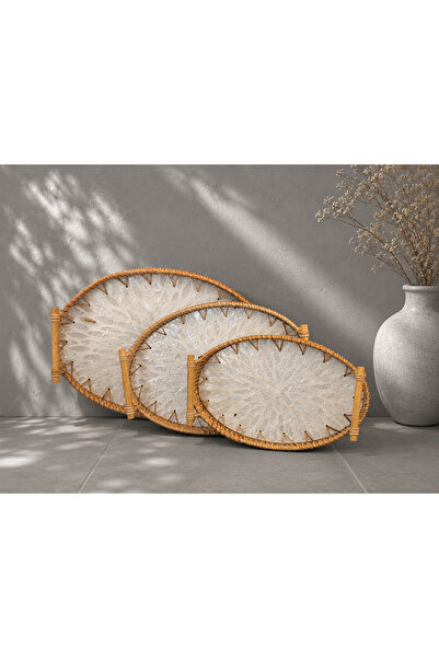 Noah Exclusive 3 LU OVAL SEDEFLİ HASIR TEPSİ SETİ-HASIR TEPSİ-DESENLI HASIR T...