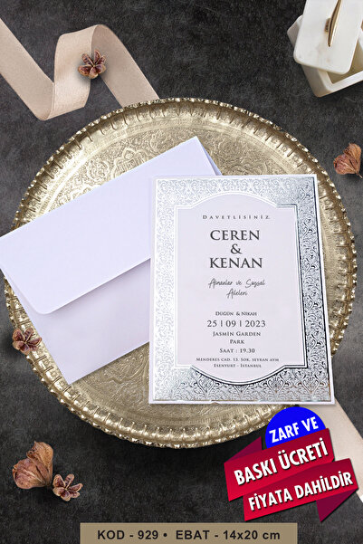 Cem Davetiye Düğün Nişan Nikah Kına Davetiyesi 929 (100 ADET) Baskı Dahil