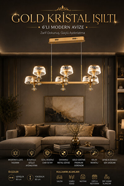 Elvora Home Modern (PREMİUM) Gold Eskitme 6’lı Sarkıt Avize Cam Detaylı Salon...