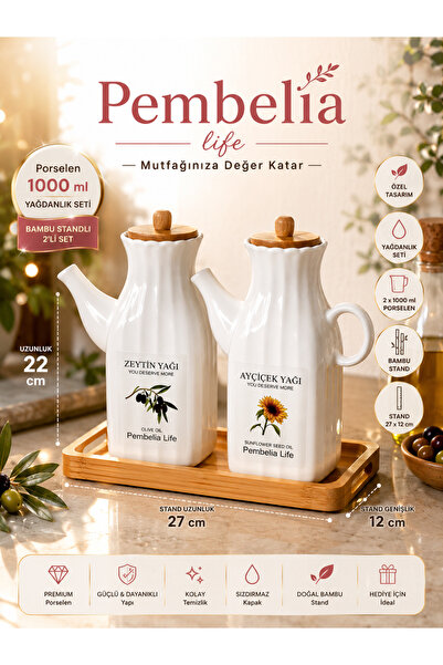 Kitchen Pembelia مجموعة من وعاءين زيت مربعين مع حامل من الخيزران وملصق بورسلين