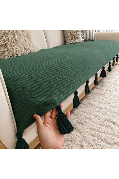 PETEKHOME Zümrüt Renk Püsküllü Koltuk Örtüsü (90x210 Ebatinda Oturma Yerine Ö...