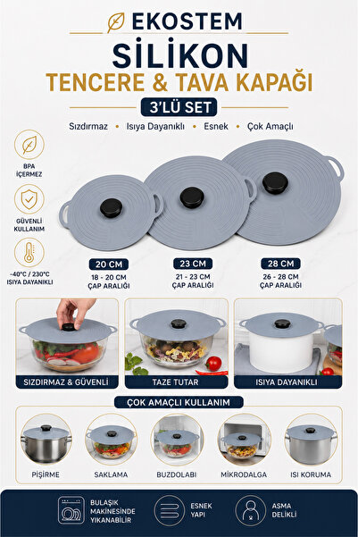 Ekostem 3 Pack Silicone Heat Protector Pot and Pan Lid - Odor Proof - Eucalyptus