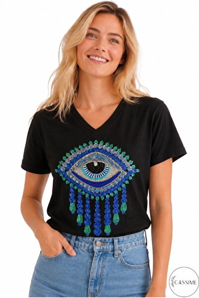 Cassime Women's Eye Evil Eye Sequin Embroidered 100% Cotton Short Sleeve Blac...