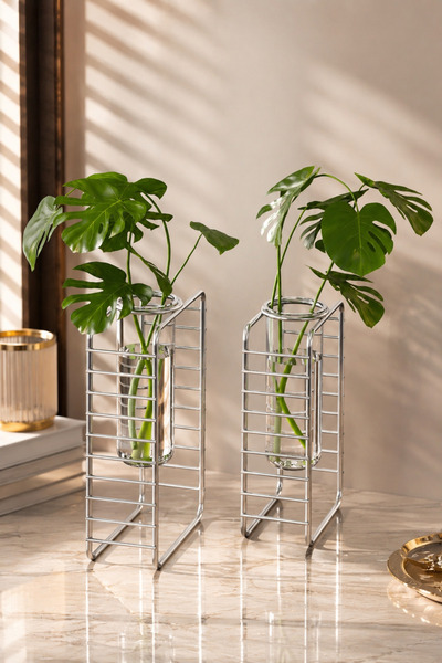 Hill Homes 2-Piece Chrome Desktop Flower Holder |   Flower Pot Stand |   Deco...