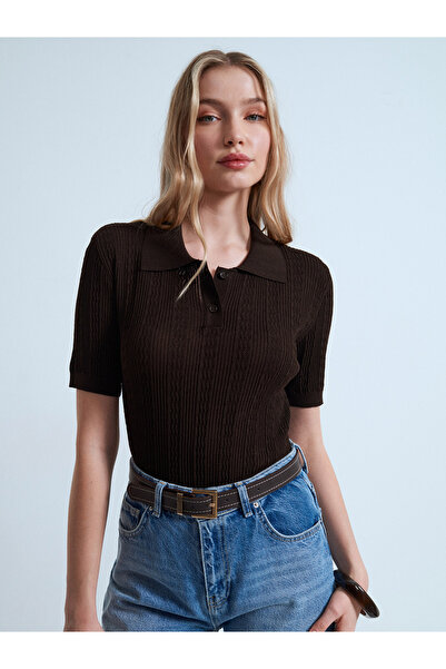 Dilvin 10781 Polo ovratnik, ažurna pletena bluza - tamno smeđa