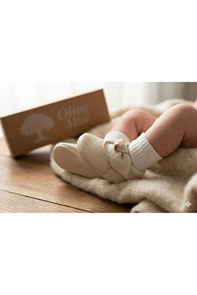 Olivo Mini Yeni Doğan Bebek Deri Krem Kurdeleli Kız İlk Adım Ayakkabı