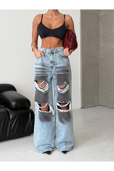 HerTon Women's Ripped Detailed Wide Leg Jean Pants – Smoked Washed Denim