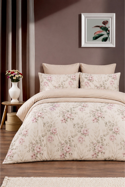 Çift Kişilik Lastikli Çarşaflı Nevresim Takımı Pamuklu Floral Brown
