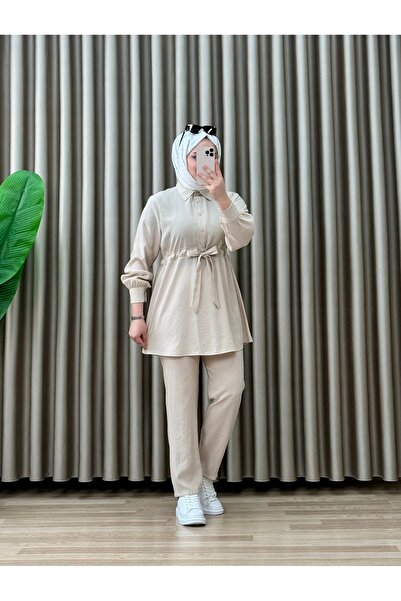 mercan moda MELDA TAKIM Bej Modal Kupra Kumaş Kadın Bel Bağlama Detaylı Panto...