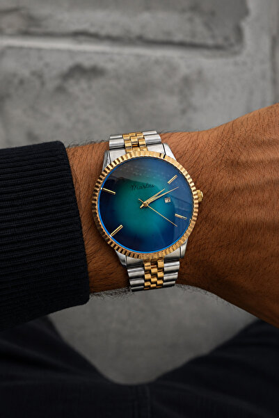 Marlas Premium Men's Wristwatch – Gold Silver Steel Band, Turquoise Gradient ...