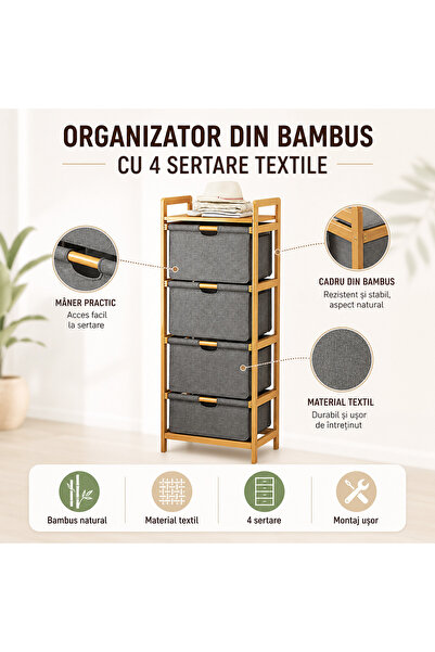 ABS Etajera din bambus cu cos de rufe si 4 saci textili detasabili, raft supe...