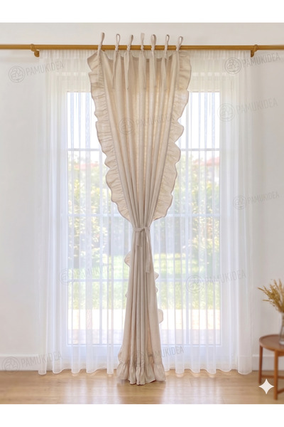 pamukidea Rope Laced Three Sides Frilly 100% Cotton Natural Buldan Linen Rustic Curtain - Single Wing - (Enxboy)