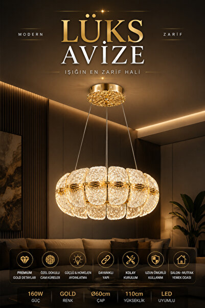 Elvora Home Modern (PREMIUM) Gold Cam Sarkıt Küre Avize Lüx Salon Mutfak Yeme...