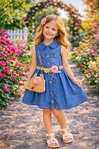 Kuzucuk Kids Bebek Çocuk Butik Çiçek detaylı Kız Çocuk Kot Elbise + Çanta Hed...