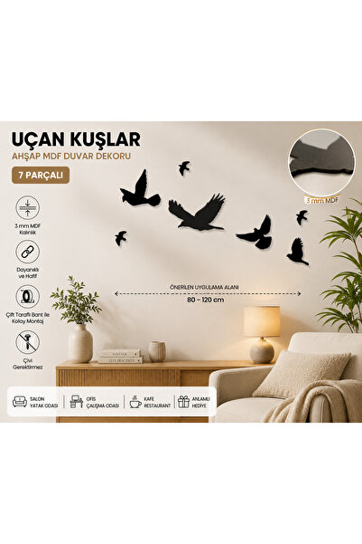 Wooden MDF Flying Birds Wall Decor, 7 Piece Bird Figures, Nature Themed MDF Wall Ornament, Modern House