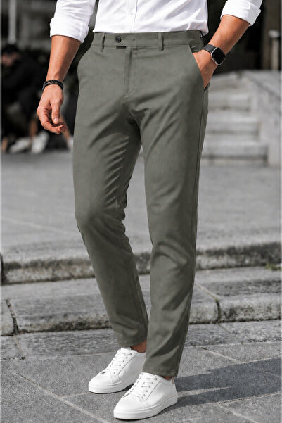 Gussi Erkek Haki Yeşil Renk Kaliteli Esnek Likralı Slim Fit Kumaş Pantolon
