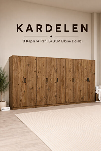 midoser Kardelen Serisi Atlantik Çam 9 Kapaklı 14 Raflı 340 Cm Elbise Dolabı ...