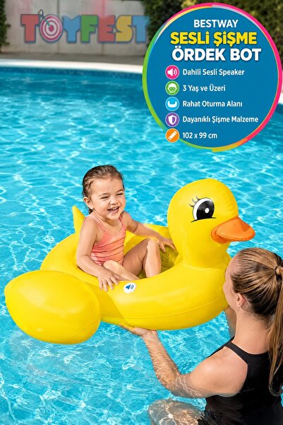 TOYFEST Sesli Şişme Ördek Bot Bebek Çocuk Havuz Deniz Yüzme Botu 45 Kg 102x99 cm