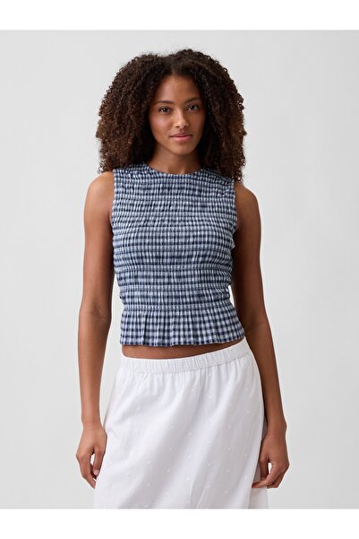 GAP Kadın Mavi Smocked Gingham Crop Peplum Üst