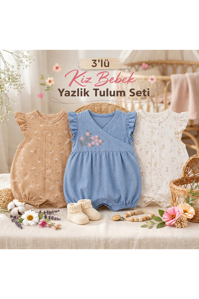 MYZİ STORE Καλοκαιρινό Βρεφικό Σετ Ολόσωμης Φόρμας 3 τεμαχίων – Βαμβακερό με ...