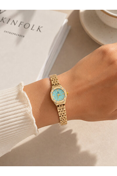 Boris Accessory Women's Stone-Studded Gold Watch – Blue Dial Elegant Wristwat...