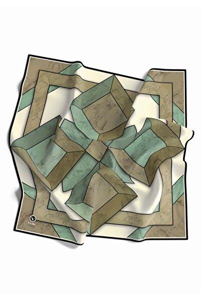 VİOLLA Kristal Mermer Desenli Mint Yeşili - Haki Renkli 90x90 Eşarp (İpek İçe...
