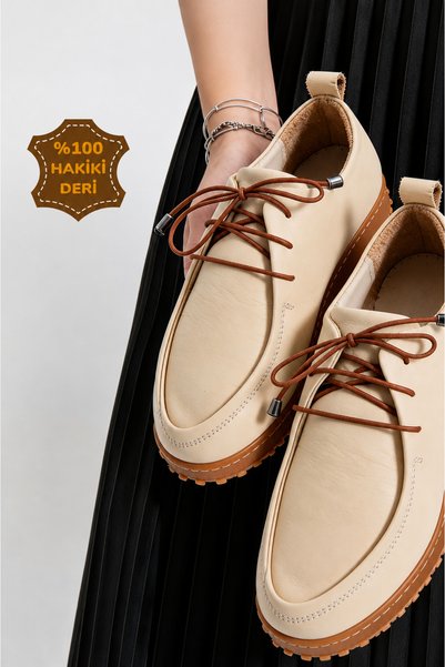 viderri Beige Genuine Leather Women's Casual Shoes Lace-Up Orthopedic Comfortable Sole Casual Vdz03001
