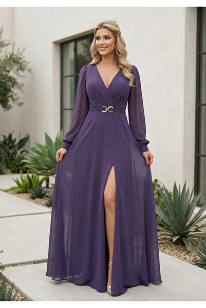 FaBe Fashion KRUVAZE YAKA UZUN KOLLU BELİ TOKALI YIRTMAÇLI ŞİFON NİKAH VE DIŞ...