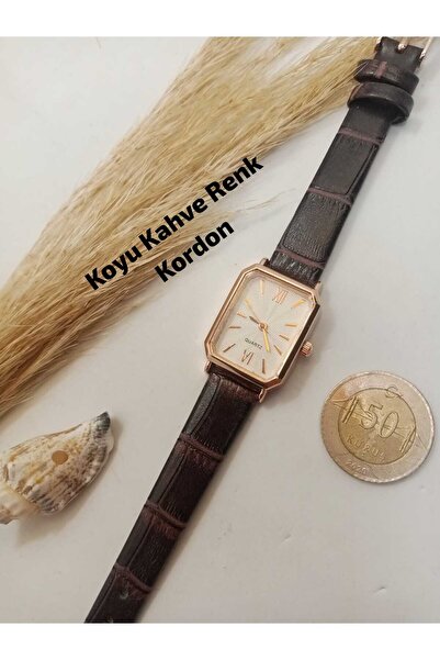 QUARTZ Minimal Vintage Kadın Kol Saati Retro Koyu Kahve Renk Kordon, Dikdörtg...