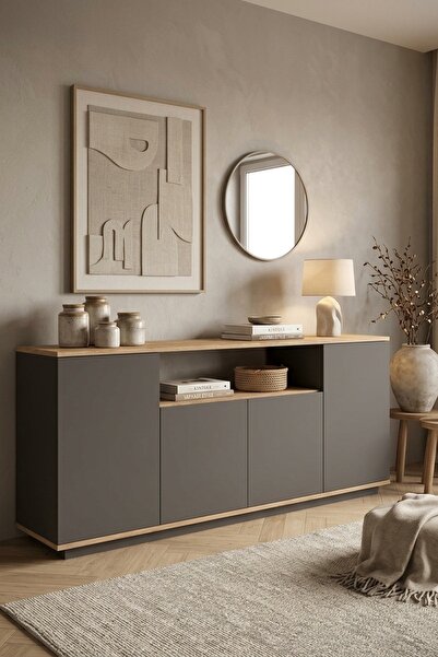 L'occi Concept Delphin Konsol 4 Kapaklı Raflı 180cm Çam-Antrasit DLP15-AA