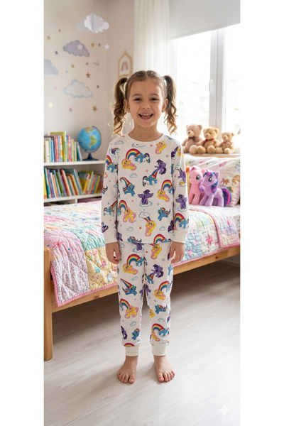 elmas kids Σετ πιτζάμες για κορίτσια από 100% βαμβάκι, λευκό μονόκερος με σχέ...