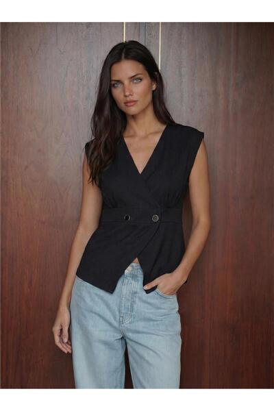 WeShaya Black Knitted Stretch Fabric Button Detailed V-Neck Short Sleeve Asym...