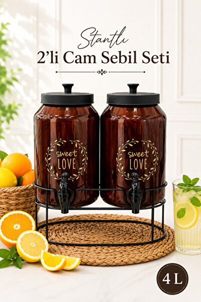 naturelove Metal Stantlı 2'li Cam Sebil Seti - Musluklu Amber Cam Damacana Şe...