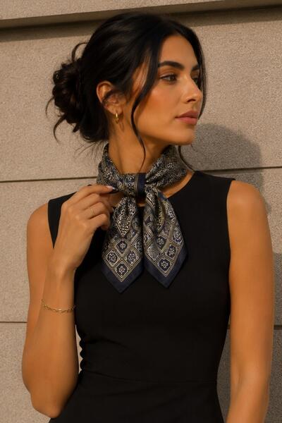 AFVENTE Royal Saray Pattern Black-Gold Soft Bandana Scarf 50X50 cm