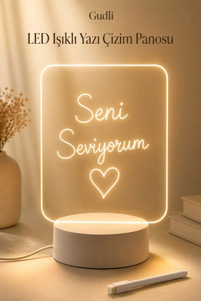 Gudli LED Işıklı Yazı Çizim Panosu USBli, Silinebilir, Dekoratif Gece Lambası