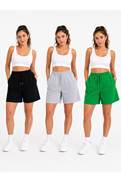 POLYMOOD Set de 3 pantaloni scurți din bumbac pieptănat, supradimensionați, c...