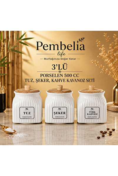 Kitchen Pembelia 3’lü Porselen 500 ml Saklama Kabı Baharat Tuz Şeker Türk Kah...