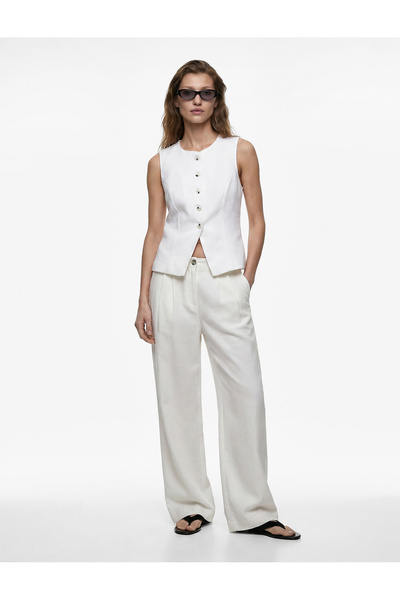 Koton Linen Blend High Waist Wide Leg Pants with Pockets