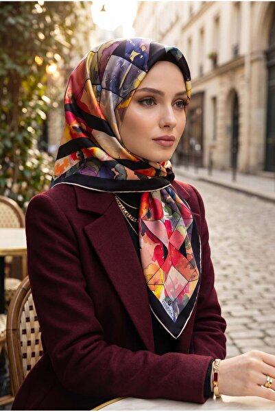 Vissona %100 Twill İpek Bahar Çiçekleri Desenli Siyah - Kırmızı Renkli 90x90 ...