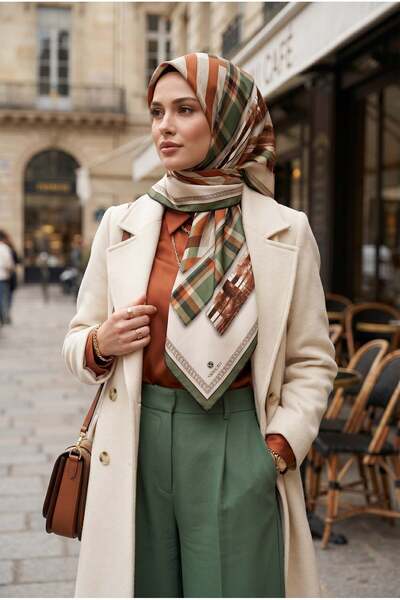 100% Twill Silk Plaid Patterned Khaki - Tan Color 90x90 Scarf Sewing Shape : Hand Sewing