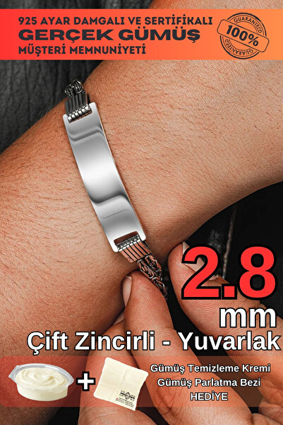 OSMANLI GÜMÜŞ Erkek Gümüş Bileklik - İsim Yazılan 2.8 mm Çift Yuvarlak Kral Z...