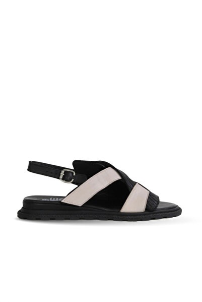 Bueno Shoes Μαύρα γκρι δερμάτινα γυναικεία φλατ σανδάλια 01wy5401
