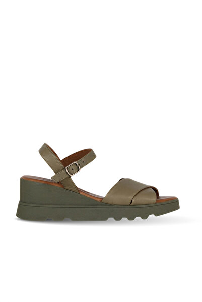 Bueno Shoes Sandale cu toc cu pană pentru femei din piele kaki 01we5201